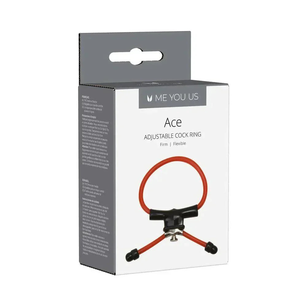 Me You Us Ace adjustable red soft rubber cock ring packaging with product image