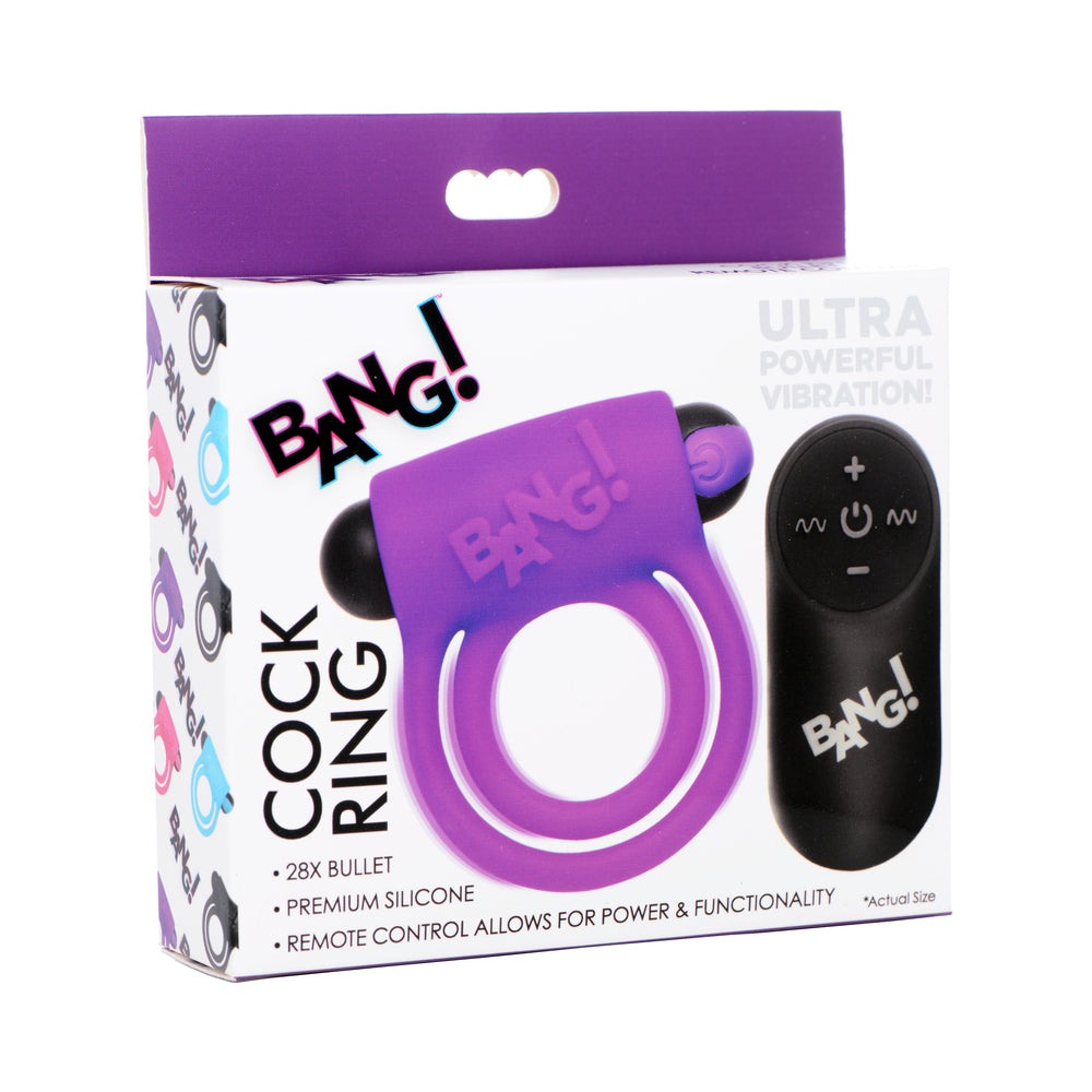 Purple BANG! silicone cock ring with bullet vibrator and remote control packaging