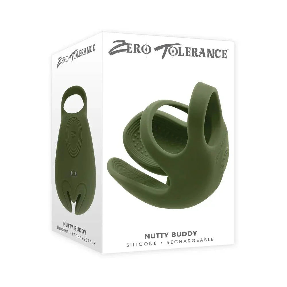 Zero Tolerance Nutty Buddy rechargeable green silicone cock ring stimulator with textured shield and flexible loops, 9 vibration modes, waterproof and USB magnetic rechargeable