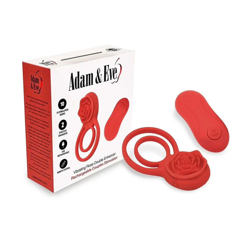 Adam & Eve Double Ring vibrating red rose cock ring with remote and packaging