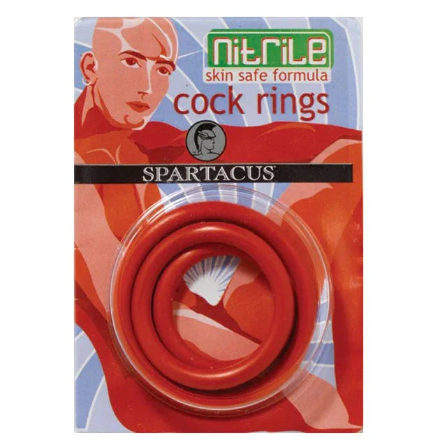 Nitrile Cock Ring Set in red, skin-safe flexible rings in three sizes (1.25", 1.5", 2") by Spartacus.