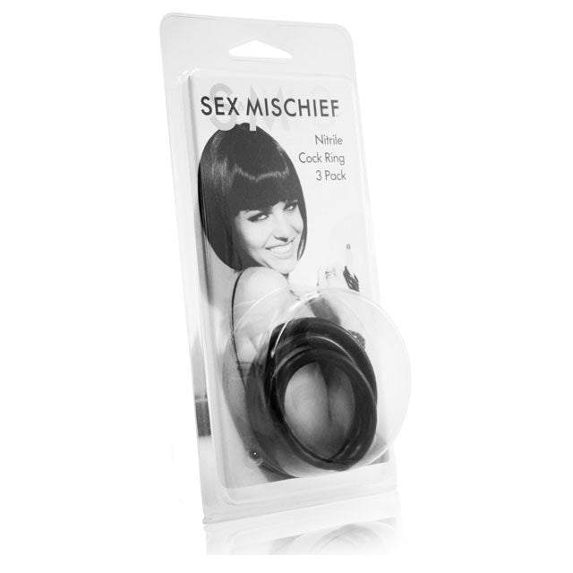 Packaging of Sportsheets Sex Mischief Nitrile Cock Ring 3-Pack with black rings in varying sizes.