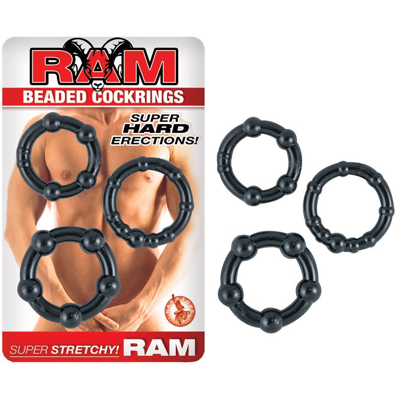 Set of three black Ram Beaded Cockrings made from stretchy waterproof TPR for enhanced support and stimulation