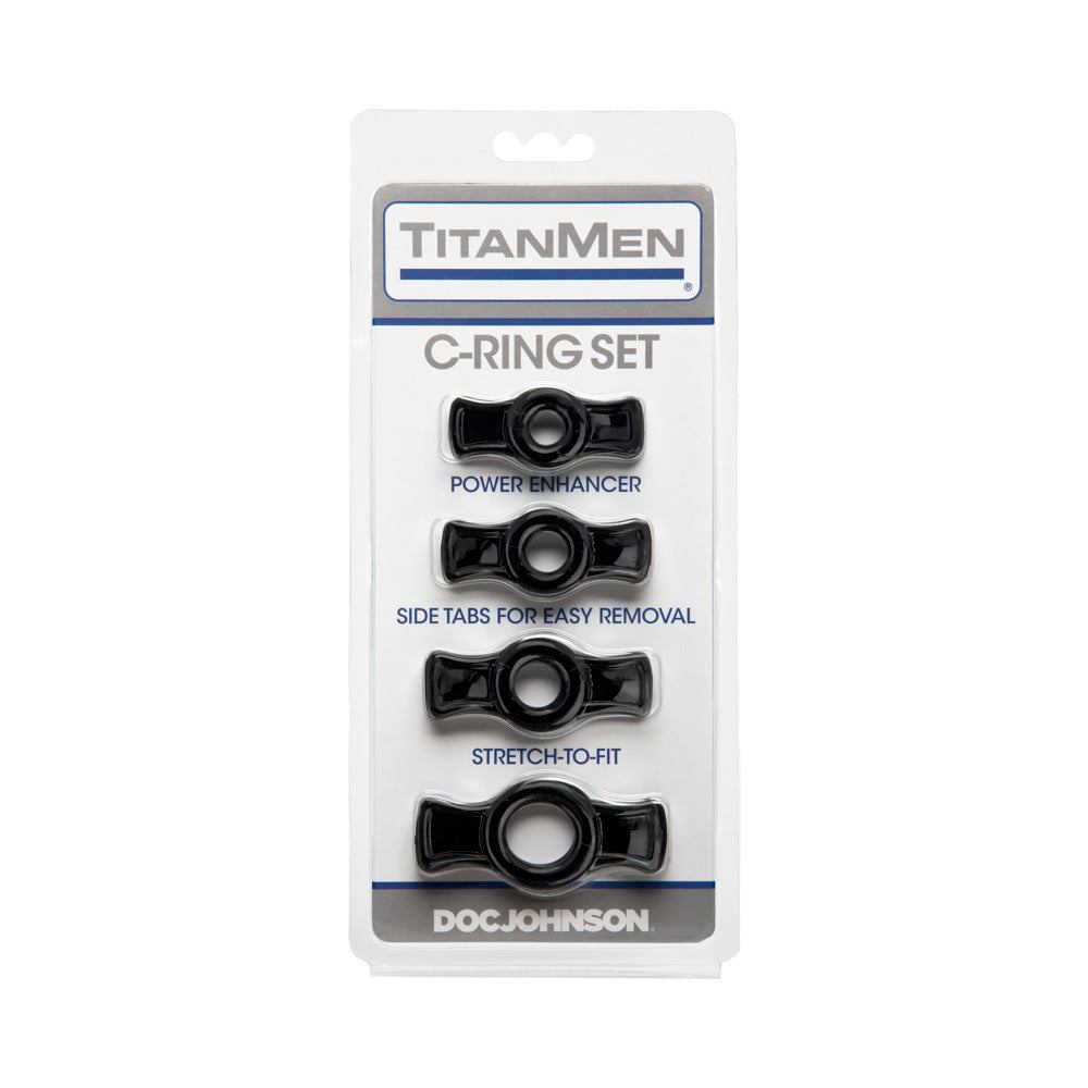 TitanMen black flexible cock ring set with four stretch-to-fit sizes and easy removal tabs in packaging
