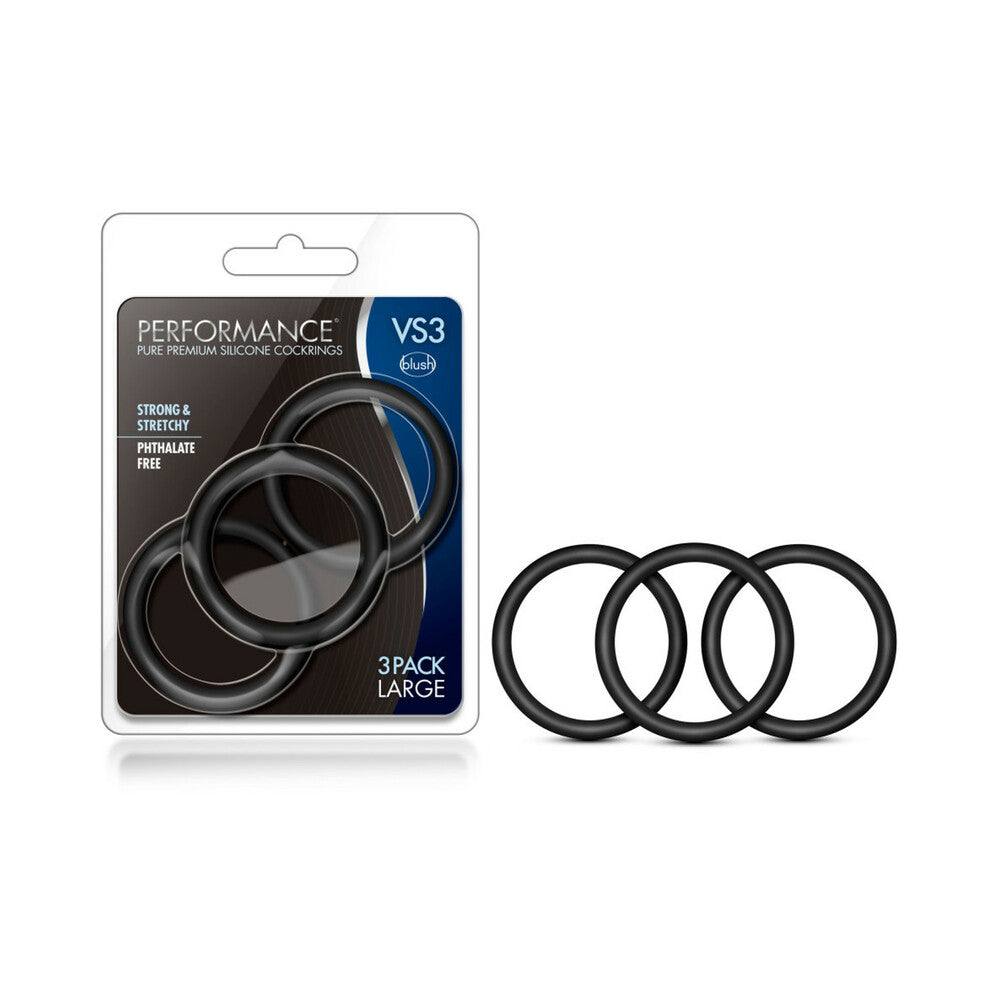 Performance VS3 Pure Premium Silicone Cockrings 3-pack large black, strong, stretchy, phthalate-free male enhancement rings.