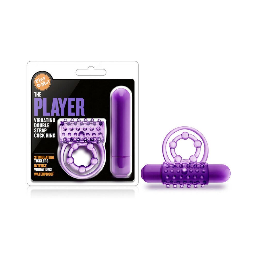 Play with Me The Player purple vibrating double strap cock ring with bullet vibrator and textured design for couples and solo use.