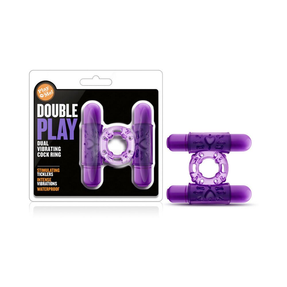 Play with Me Double Play purple dual vibrating cock ring with two bullets for intense pleasure, waterproof and battery operated.