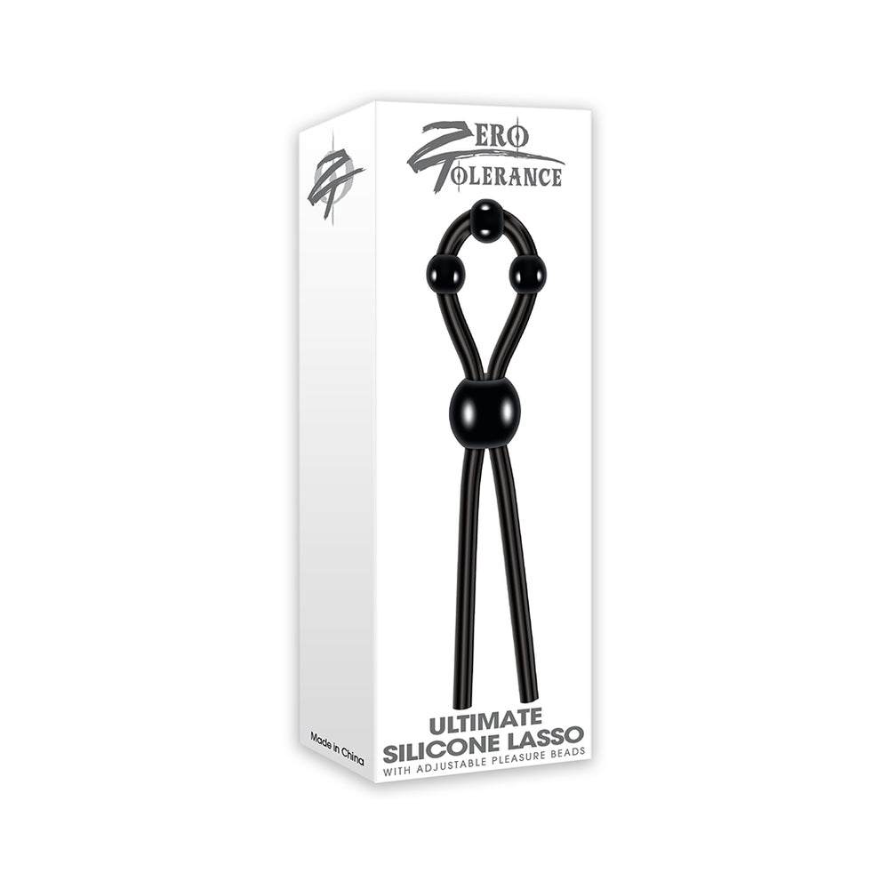 Black Zero Tolerance Ultimate Silicone Lasso adjustable cockring with removable vibrator and pleasure nubs in packaging