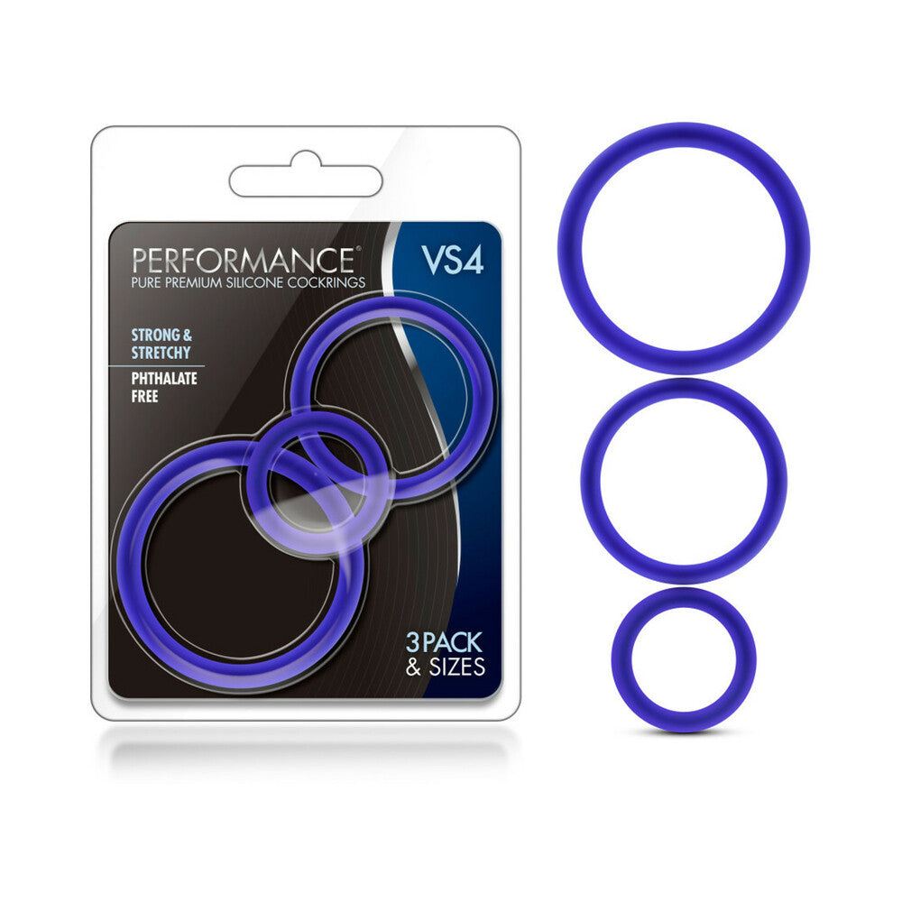 Performance VS4 Pure Premium Silicone Cockrings 3-pack set in indigo, stretchy and phthalate-free male enhancement rings in small, medium, and large sizes.