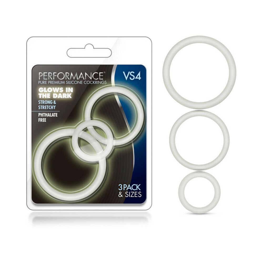 Performance VS4 white silicone cockring 3-pack set in small, medium, and large sizes, strong, stretchy, and glow-in-the-dark male enhancement rings