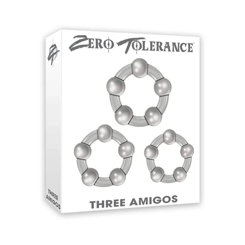 Zero Tolerance Three Amigos 3-piece clear beaded cock ring set for longer lasting, harder erections with small, medium, and large sizes.
