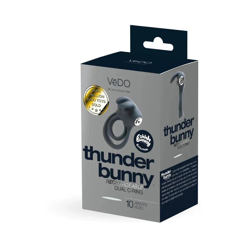 VeDo Thunder Bunny rechargeable dual silicone cockring with clitoral stimulator in black packaging