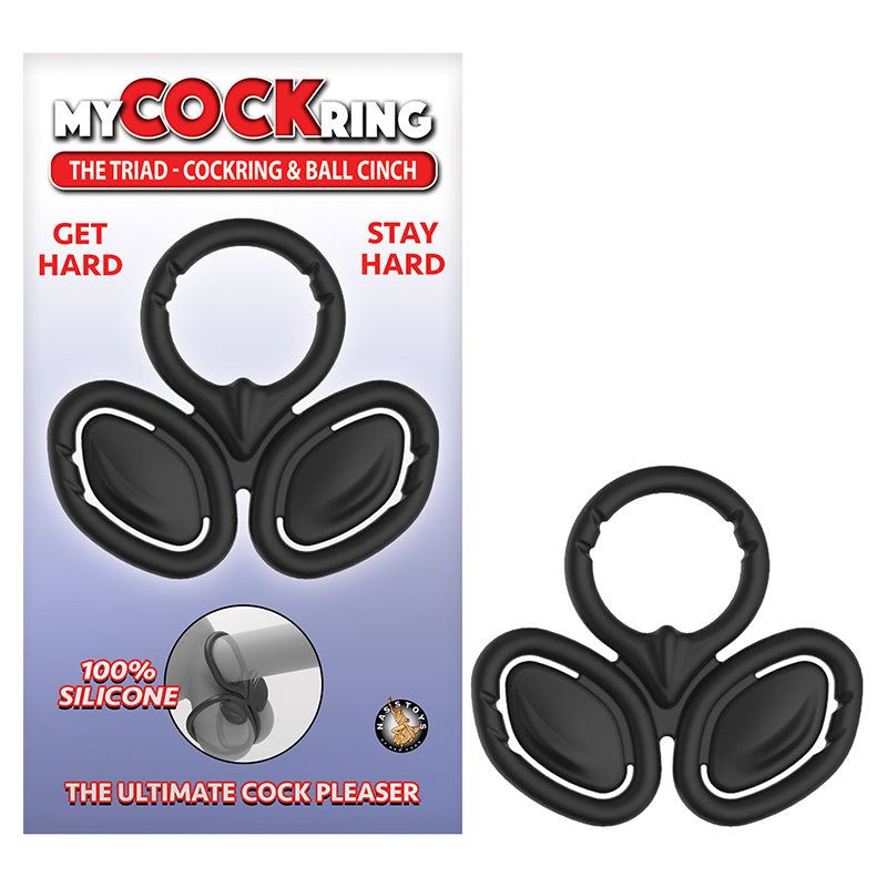 My Cockring Triad black silicone cockring and ball cinch for enhanced performance and comfort