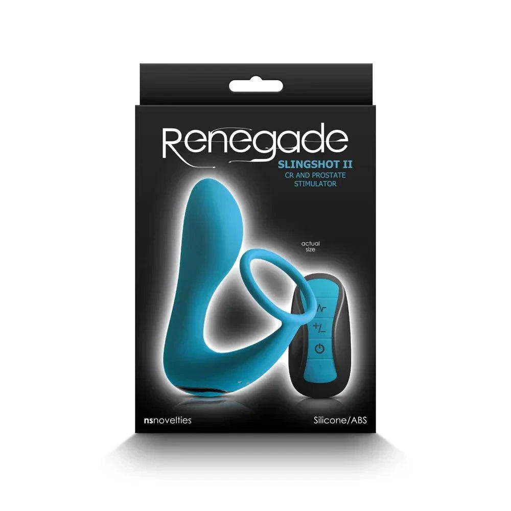 Renegade Slingshot II teal silicone cock ring and prostate stimulator with remote control in packaging