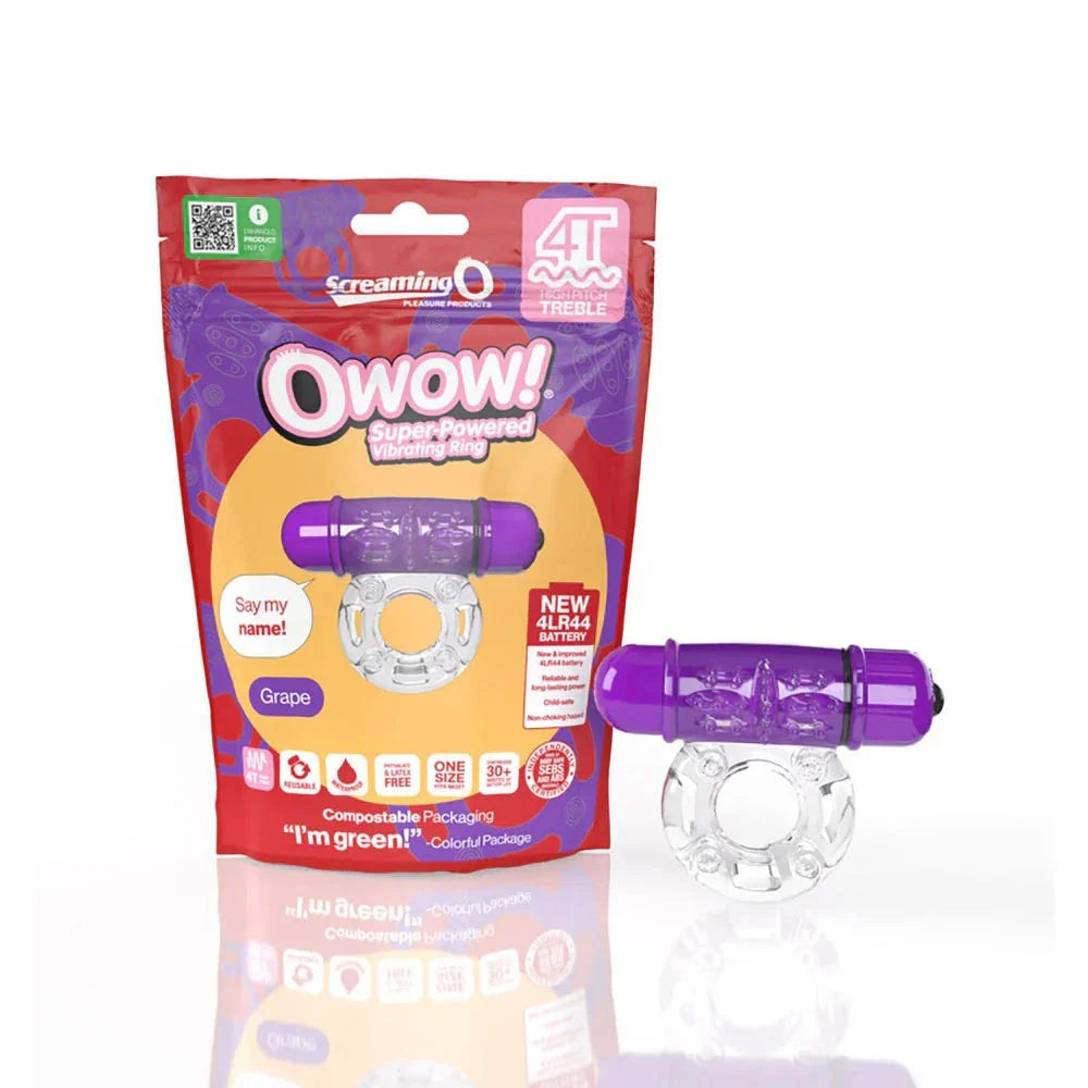 Screaming O 4T OWow grape vibrating cockring with treble tickle vibrations and body-safe clear SEBS material in eco-friendly packaging