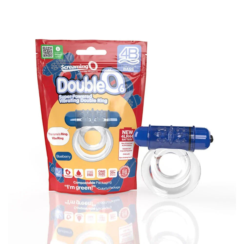 Screaming O 4B DoubleO 6 vibrating double cockring in blueberry with dual rings, powerful motor, and eco-friendly packaging