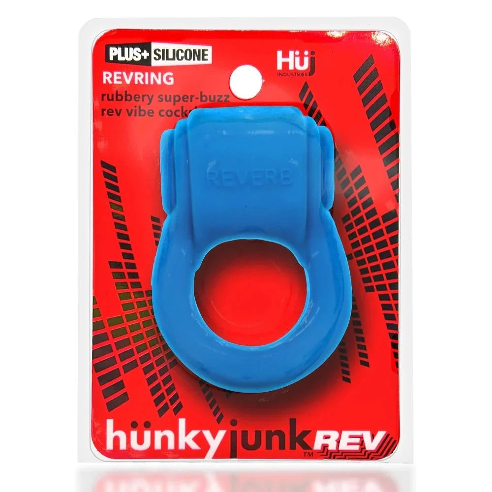 Hunkyjunk Revring Cockring in teal ice with rubbery silicone blend and waterproof bullet vibrator packaging