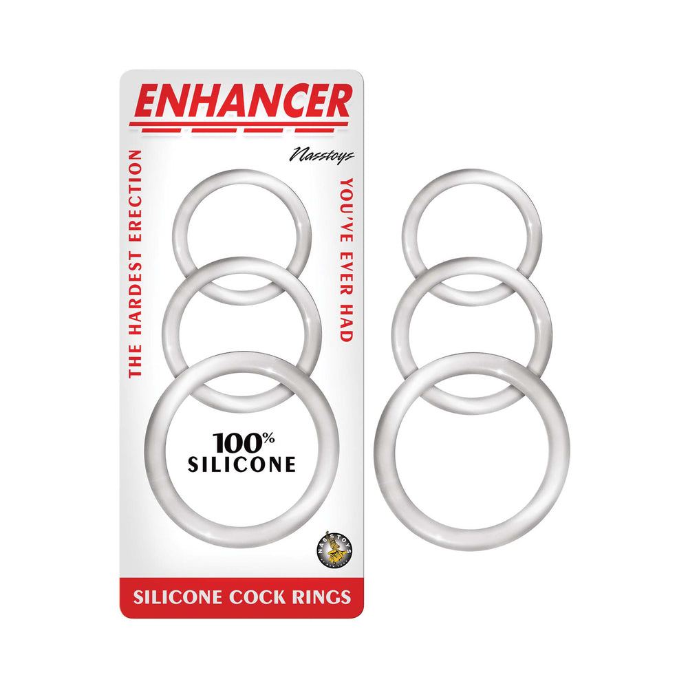 Clear Enhancer silicone cockrings set of three different sizes, body-safe and waterproof