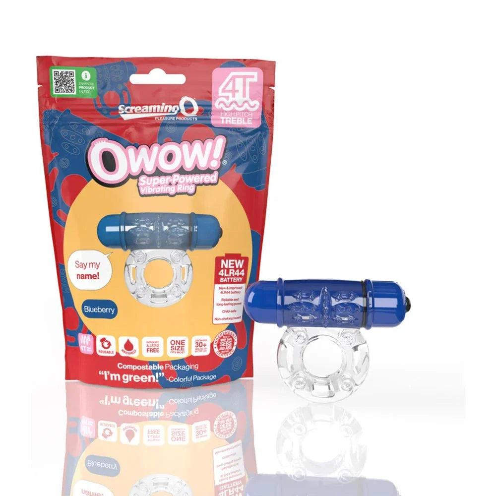 Screaming O 4T OWow vibrating ring in blueberry color with clear body-safe SEBS material and super-powered motor in eco-friendly packaging