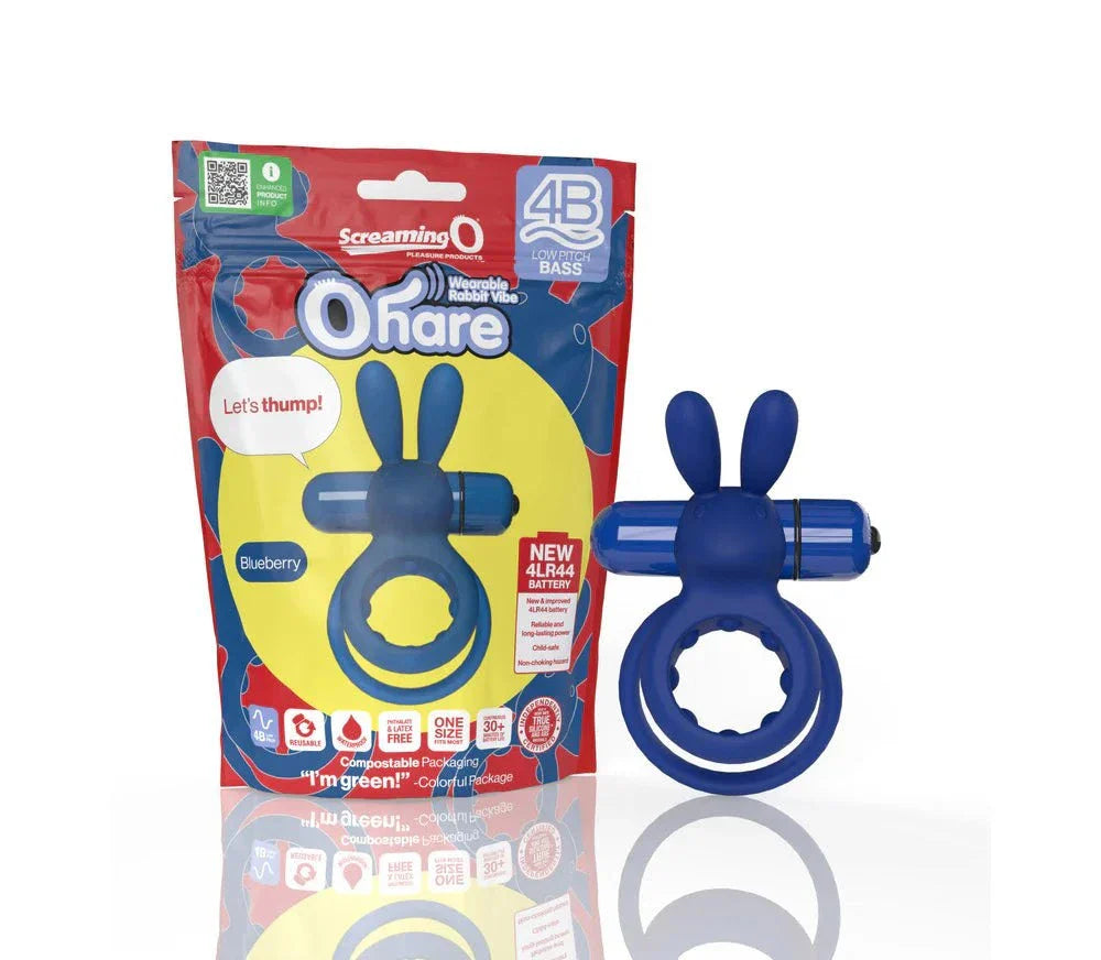Blueberry Screaming O 4B Ohare vibrating rabbit double cockring with flexible ears and deep bass vibrations in eco-friendly packaging