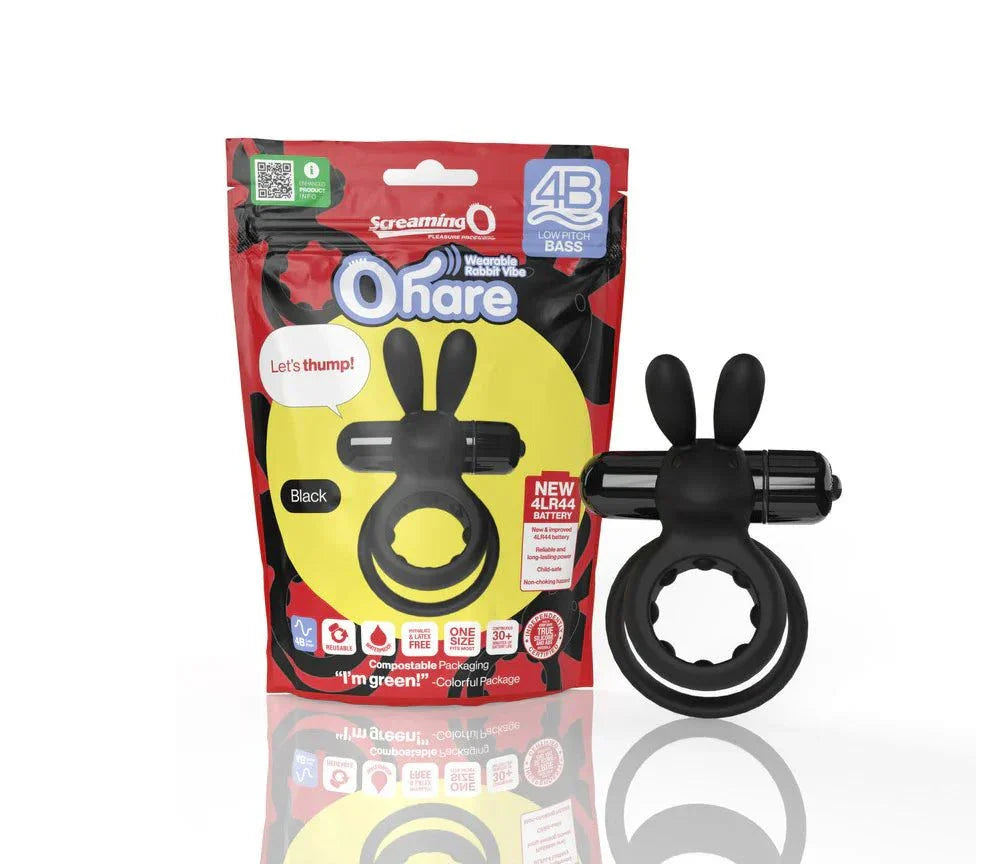 Screaming O black vibrating rabbit double cockring with 4B motor, flexible silicone and eco-friendly packaging