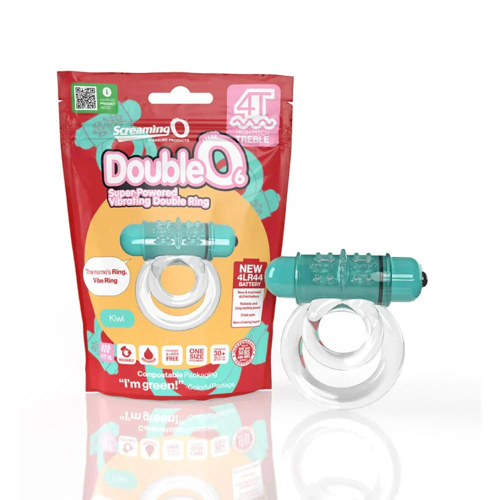 Screaming O DoubleO 6 vibrating ring with dual rings and powerful 4T motor in kiwi color with eco-friendly packaging