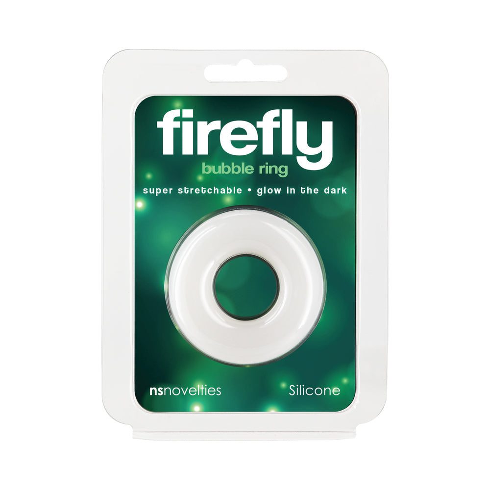 Firefly Bubble Ring medium glow-in-the-dark white silicone cock ring in packaging