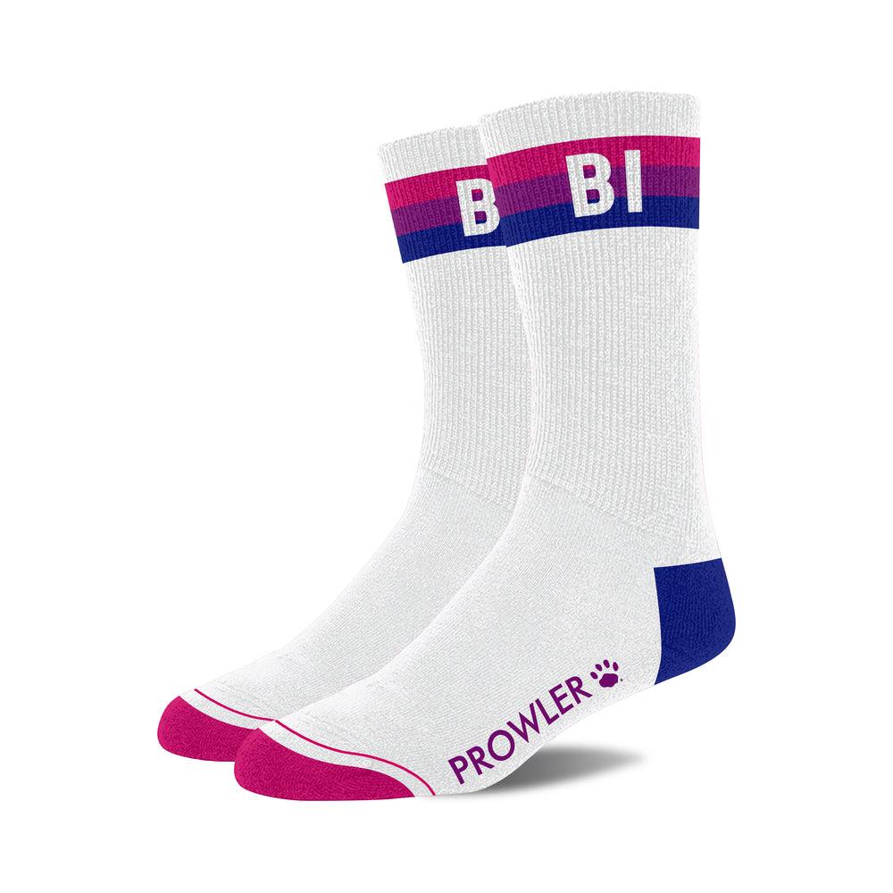 White Prowler Collection Premium themed socks with pink, purple, and blue stripes and "BI" lettering, featuring reinforced heels and toes.