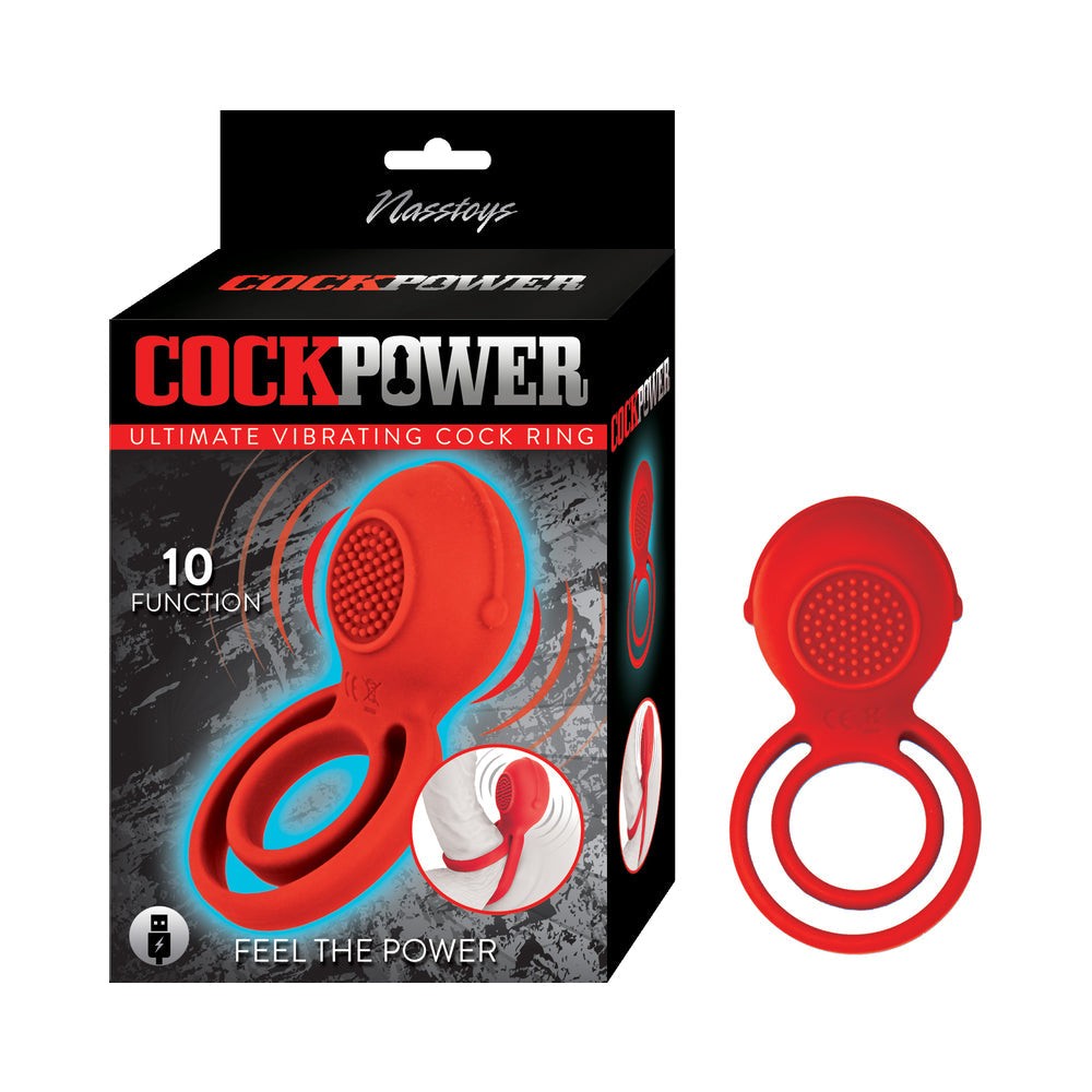 Red vibrating cock ring with dual rings and textured stimulator, USB rechargeable and body-safe silicone.