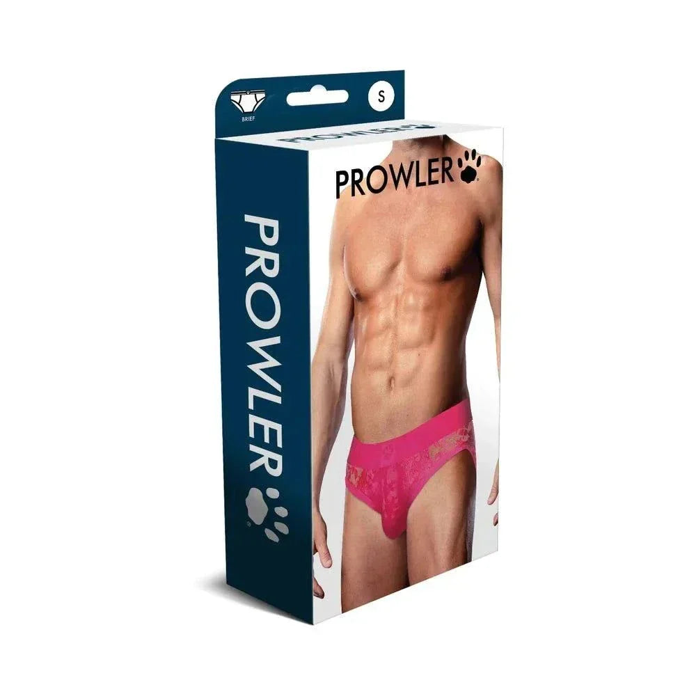 Packaging of Prowler Lace Briefs featuring a male model wearing vibrant pink lace briefs.