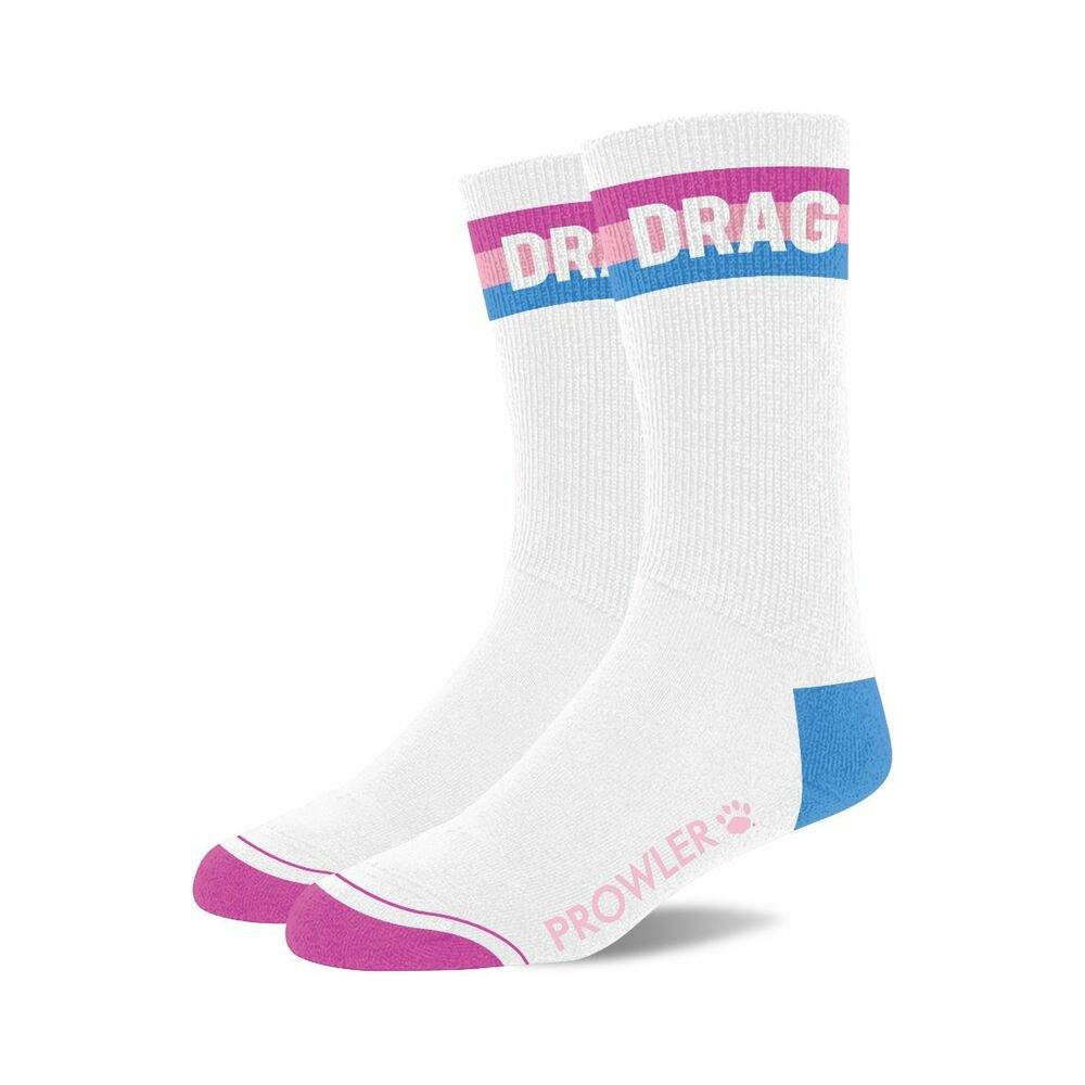 White crew socks with pink toes, blue heels, pink and blue stripes at the top, "DR. DRAG" text, and "PROWLER" logo on the foot from Prowler Collection Premium
