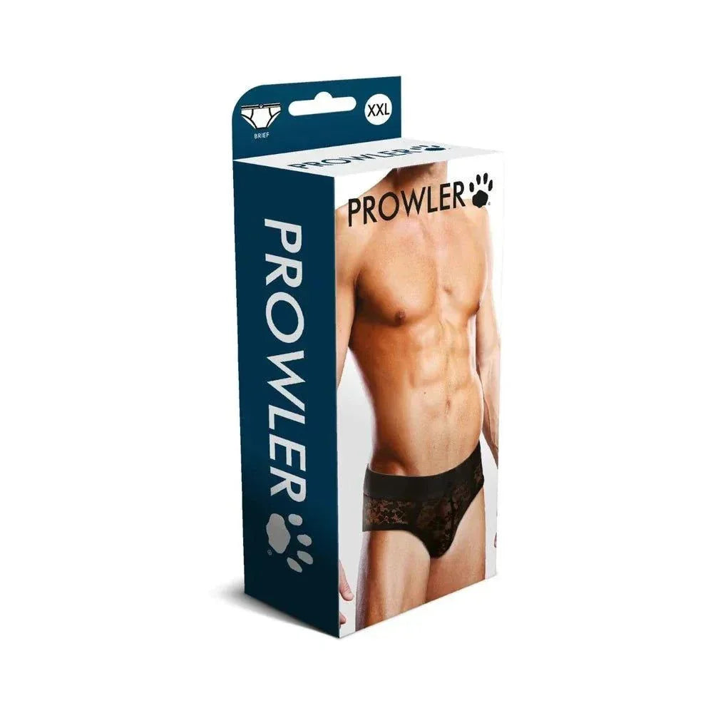 Packaging of Prowler Lace Briefs featuring a muscular male model wearing black lace briefs with floral patterns, showcasing comfort and style.