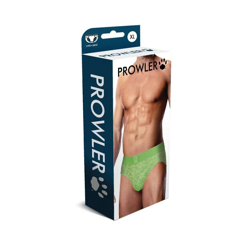 Prowler Lace Neon Green XL men's lace briefs with open back in retail packaging