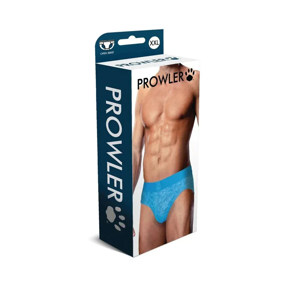 Prowler Lace Neon Blue 2XL open back brief packaging with male model wearing lace underwear