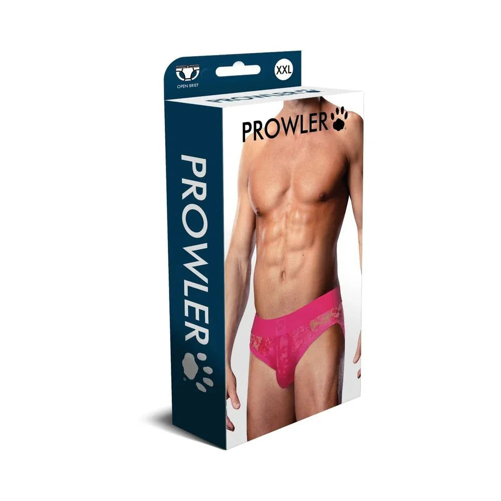 Packaging of Prowler Lace Open Back Brief in pink size 2XL featuring a muscular male model wearing the lingerie.