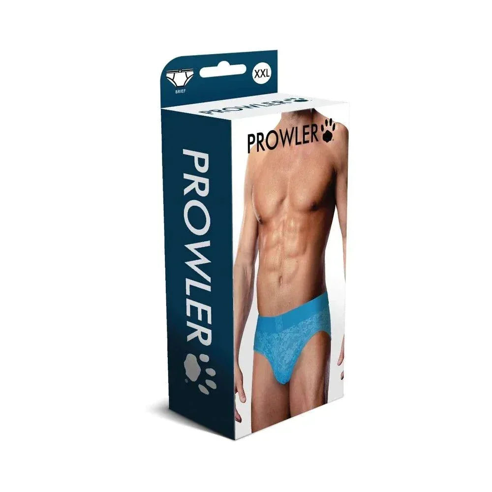 Prowler Lace Briefs men's blue lace underwear in XXL packaging with muscular torso model background