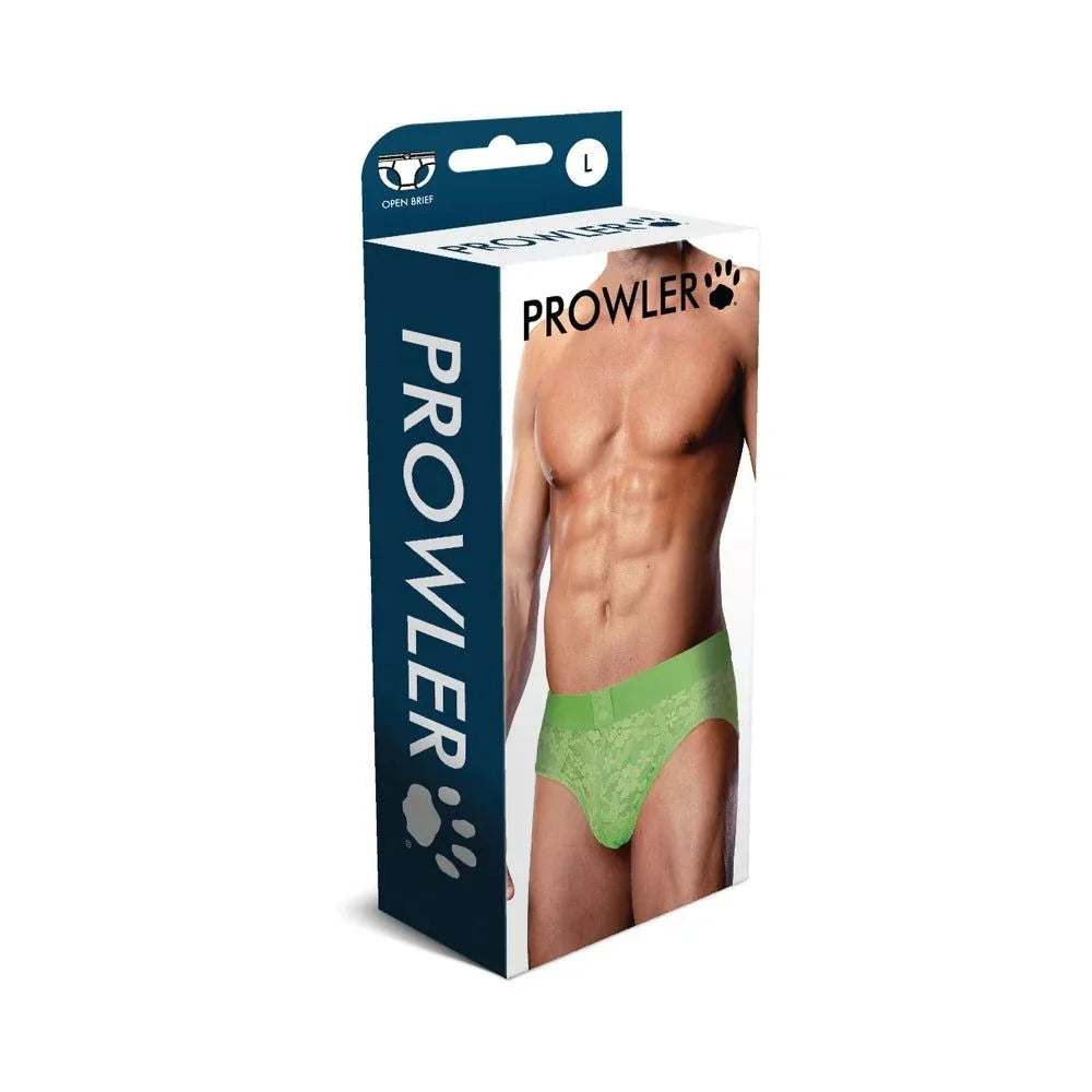 Packaging of Prowler Lace Open Back Brief in neon green size L displayed with male model wearing lace brief.
