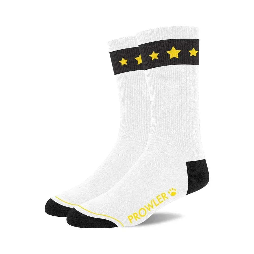 White Prowler Collection Premium themed socks with black toes, heels, and cuffs featuring yellow stars and "PROWLER" text.