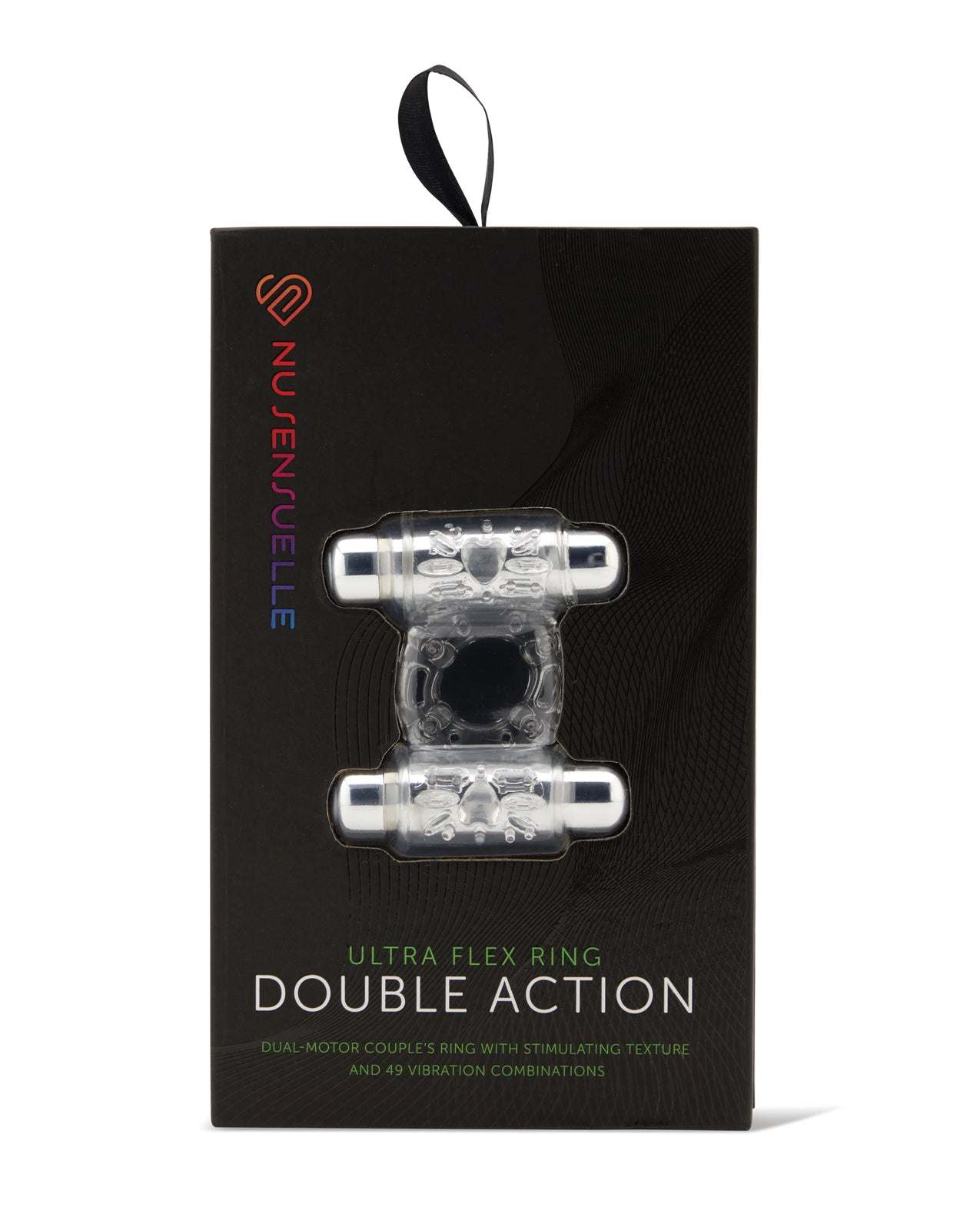 Clear Nu Sensuelle Double Action Cockring with dual 7-function bullet vibes and ultra-flex stretchy SEBS material