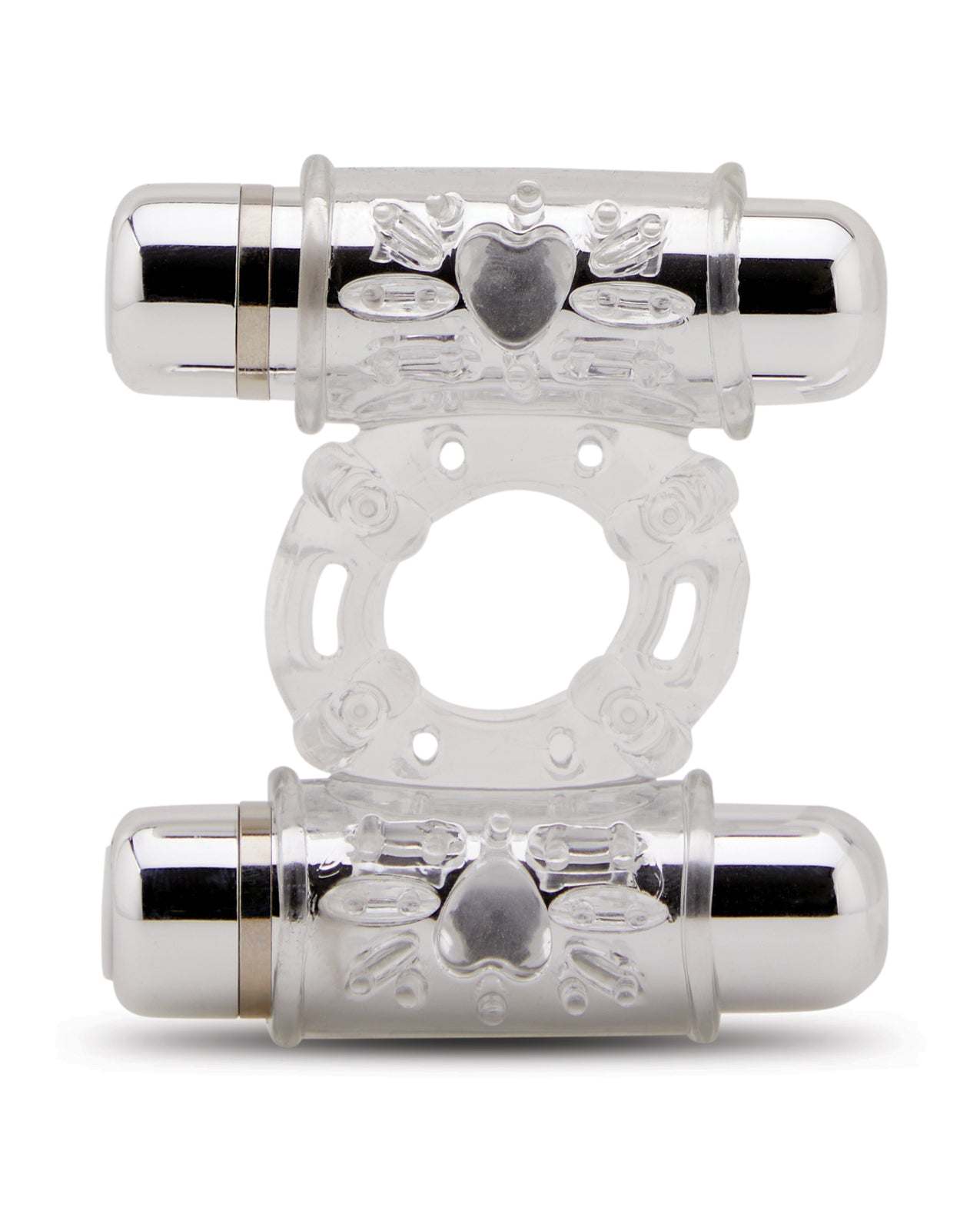 Clear Nu Sensuelle Double Action Cockring with two silver bullet vibrators and heart designs