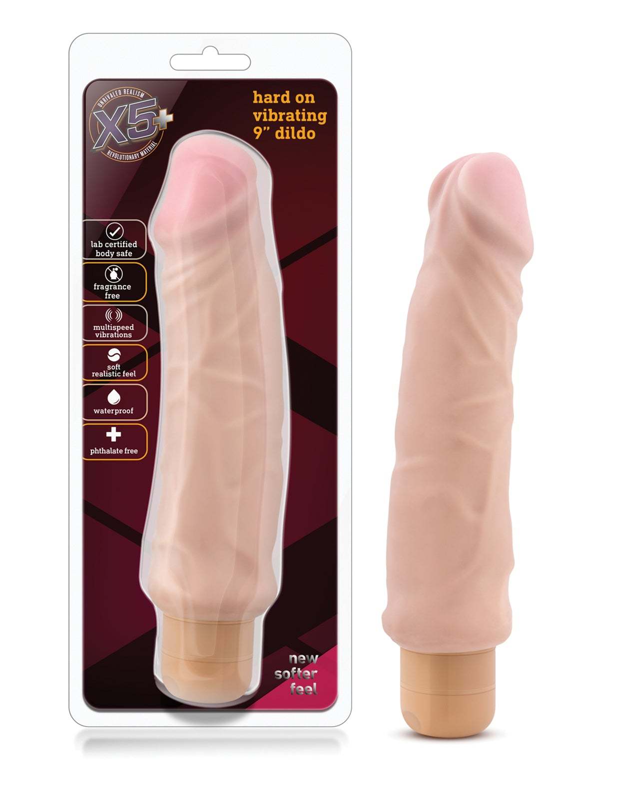 Blush X5 Plus 9-inch beige vibrating dildo with realistic design and flexible waterproof body-safe TPE material