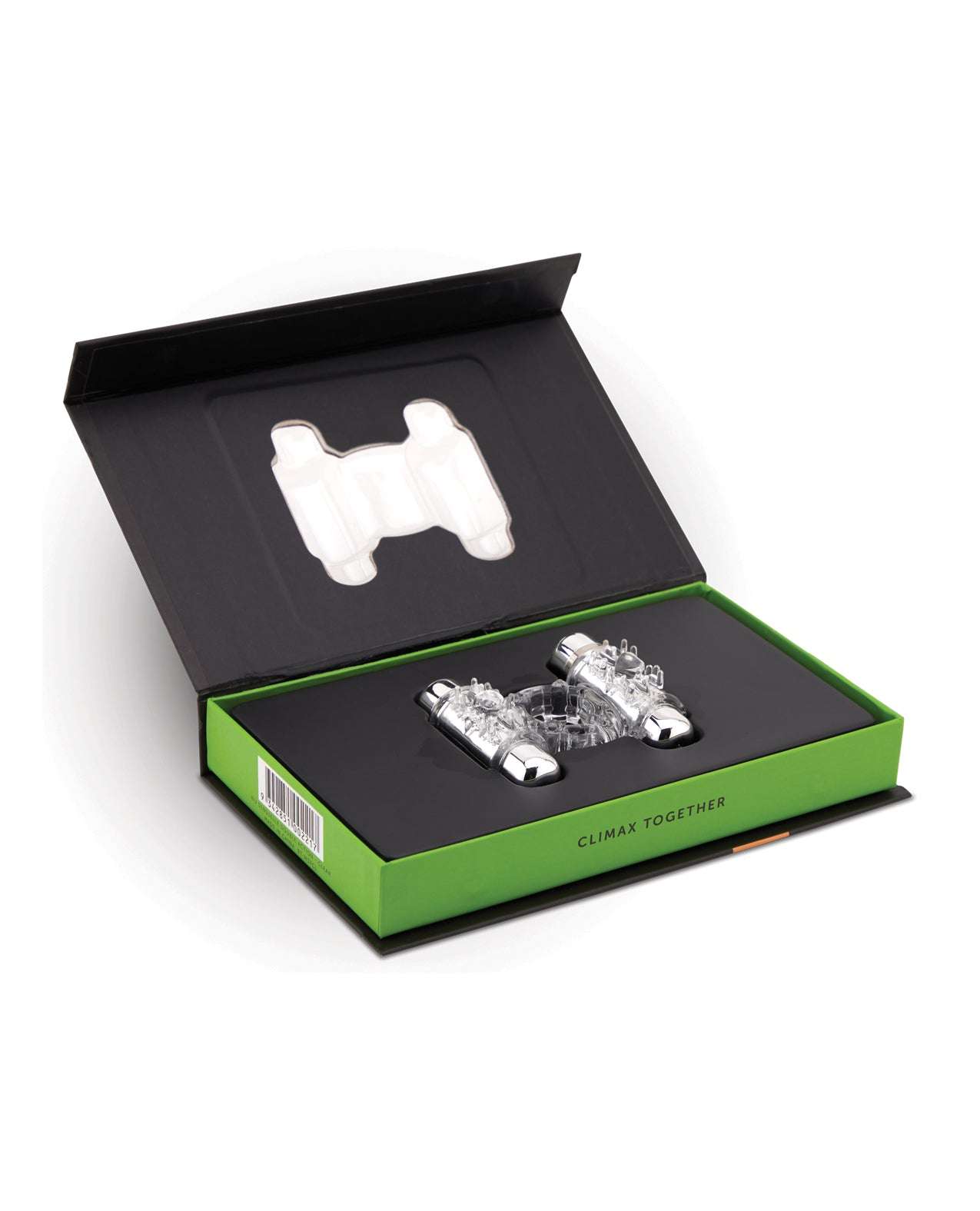Nu Sensuelle Double Action Cockring with two clear 7-function bullet vibes in black and green packaging