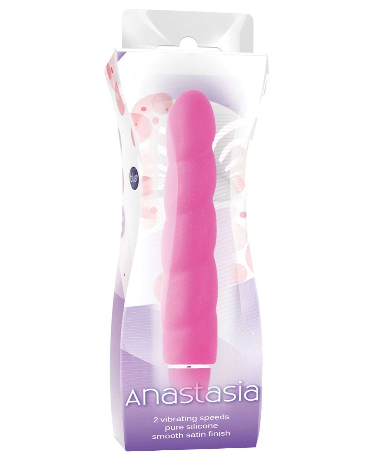 Blush Luxe Anastasia pink silicone vibrator with smooth satin finish and 10 vibration functions in retail packaging