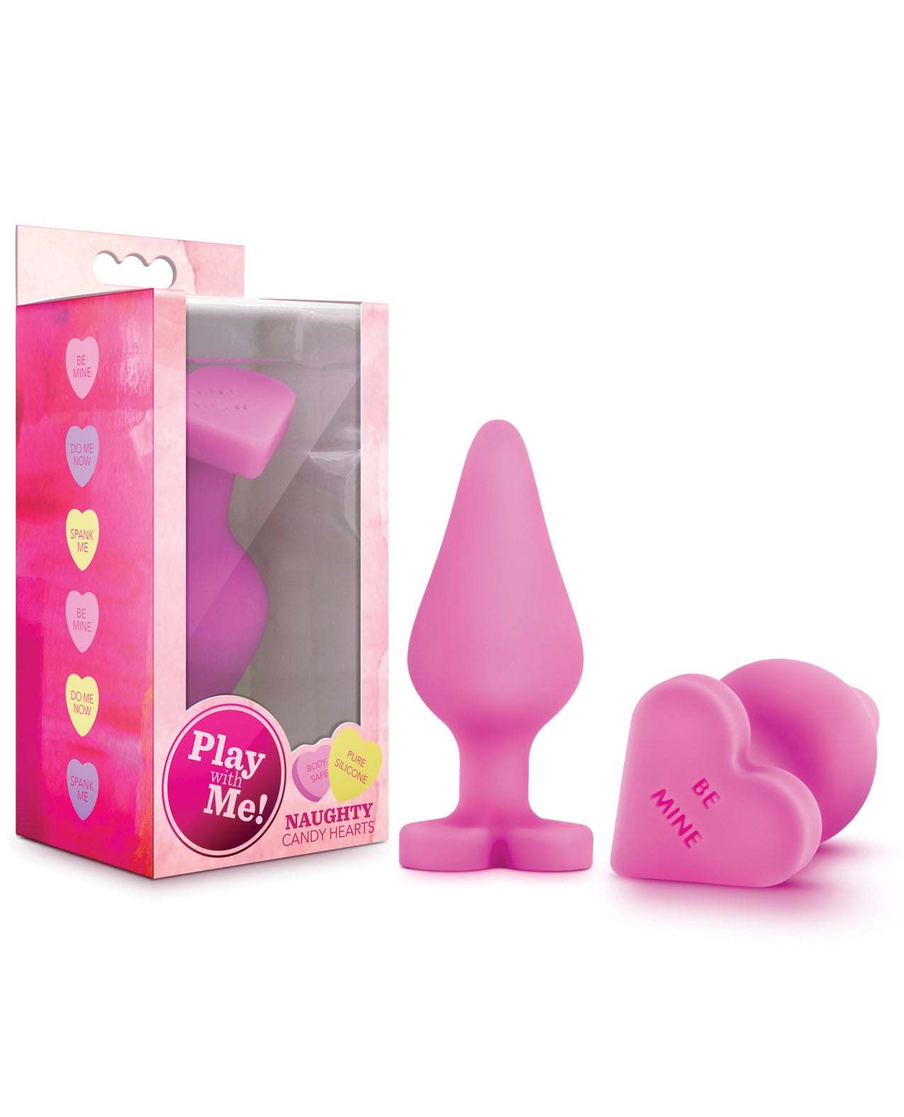 Pink Blush Play With Me Naughty Candy Heart Be Mine silicone anal plug with heart-shaped base and playful "Be Mine" text, packaged.