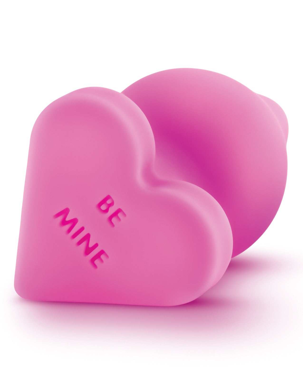 Pink heart-shaped silicone anal plug with "Be Mine" message from Blush Play With Me collection