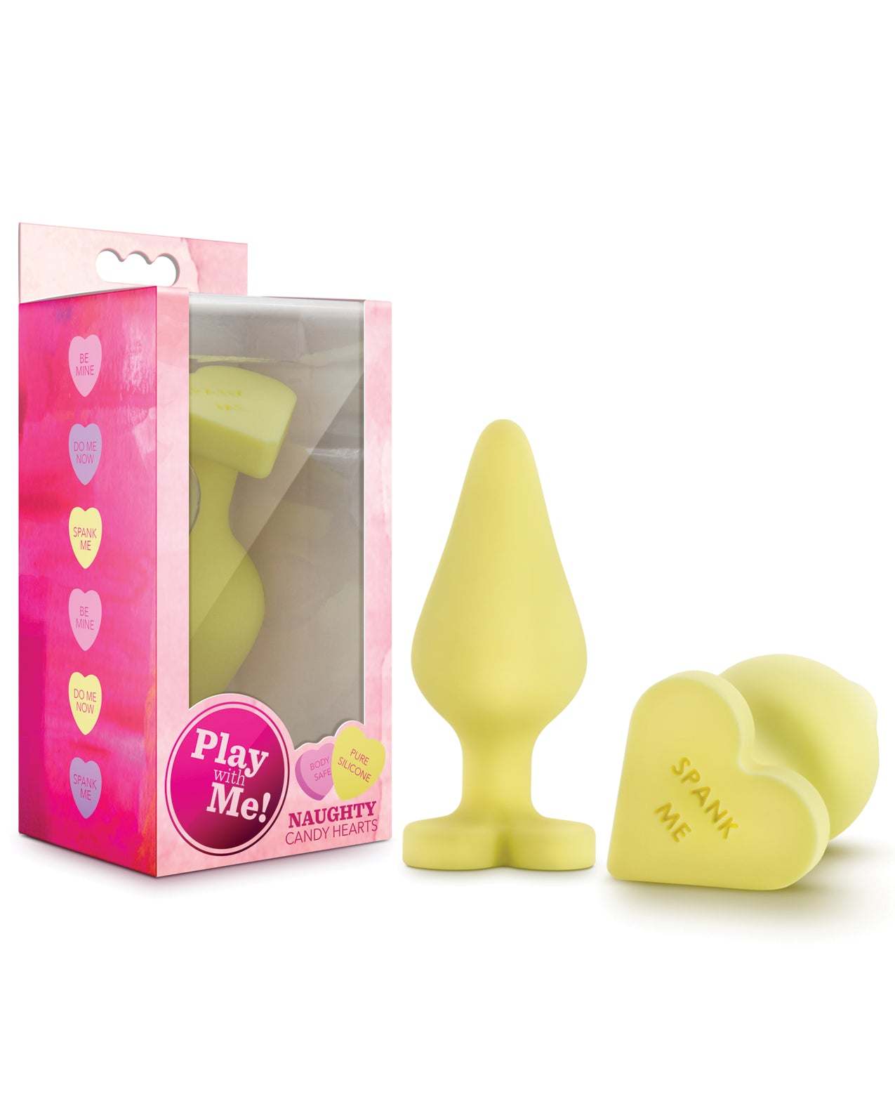 Blush Play With Me yellow heart-shaped silicone butt plug with "Spank Me" text and playful packaging