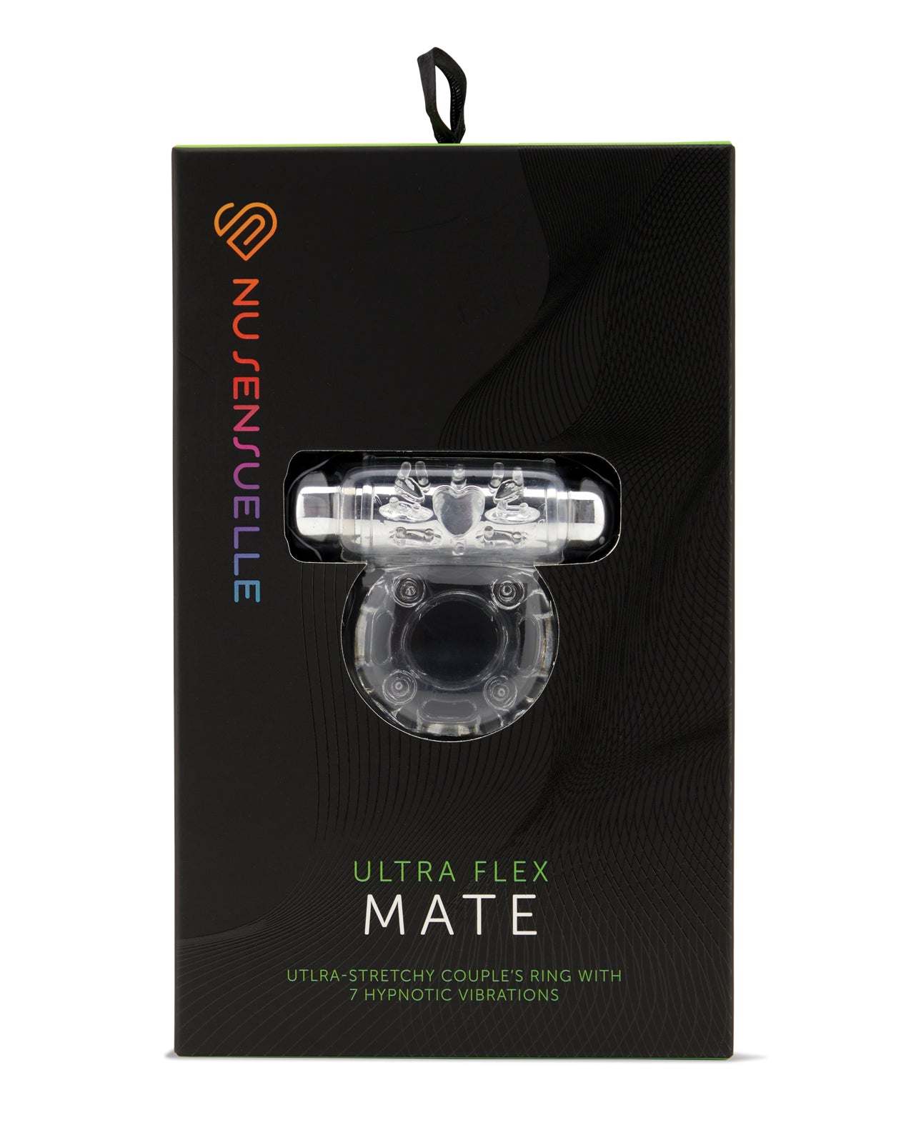 Nu Sensuelle Mate Ultra Bullet clear stretchy couples ring with 7 vibration functions in black packaging