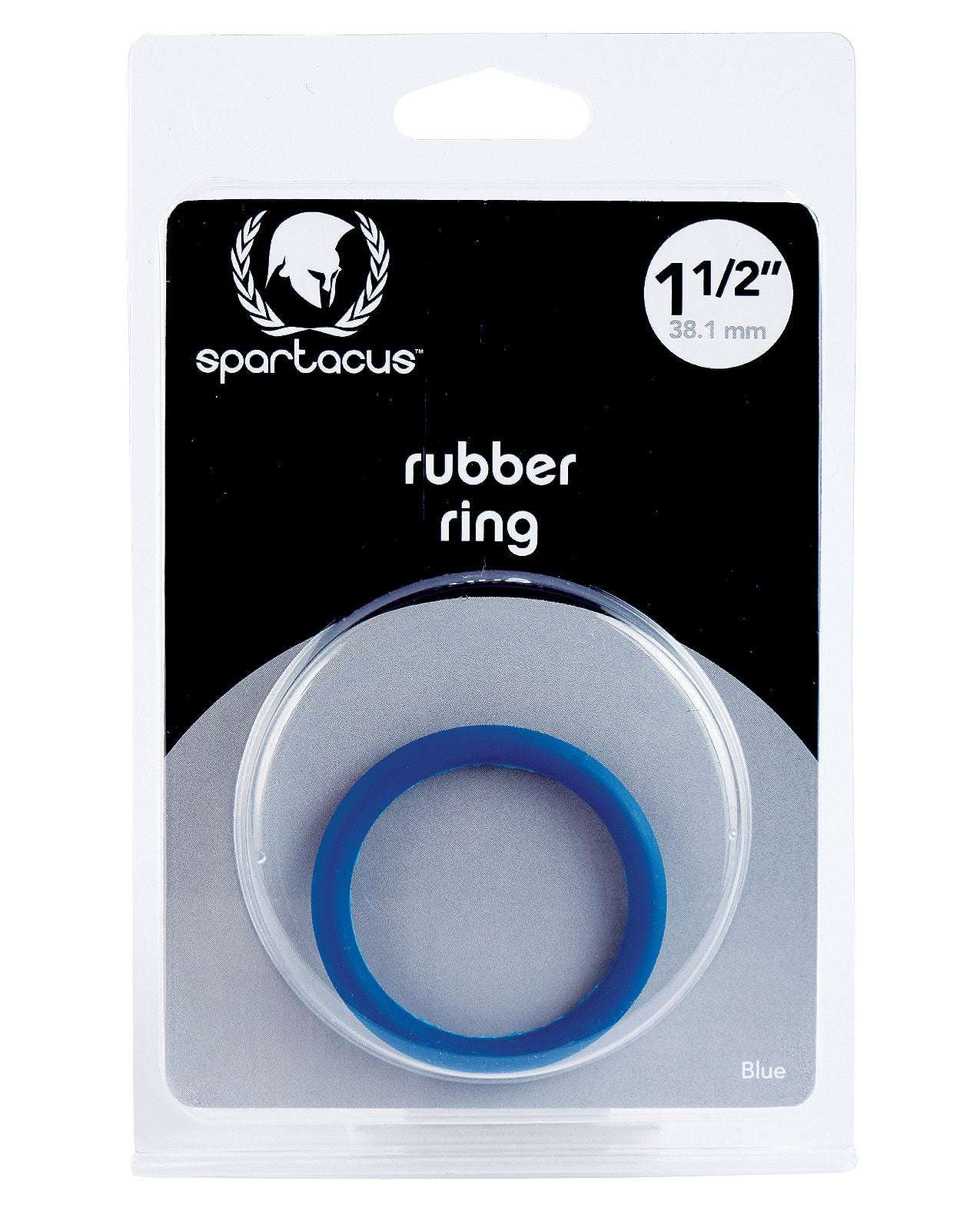 Spartacus 1.5" blue rubber cock ring in packaging for extended pleasure