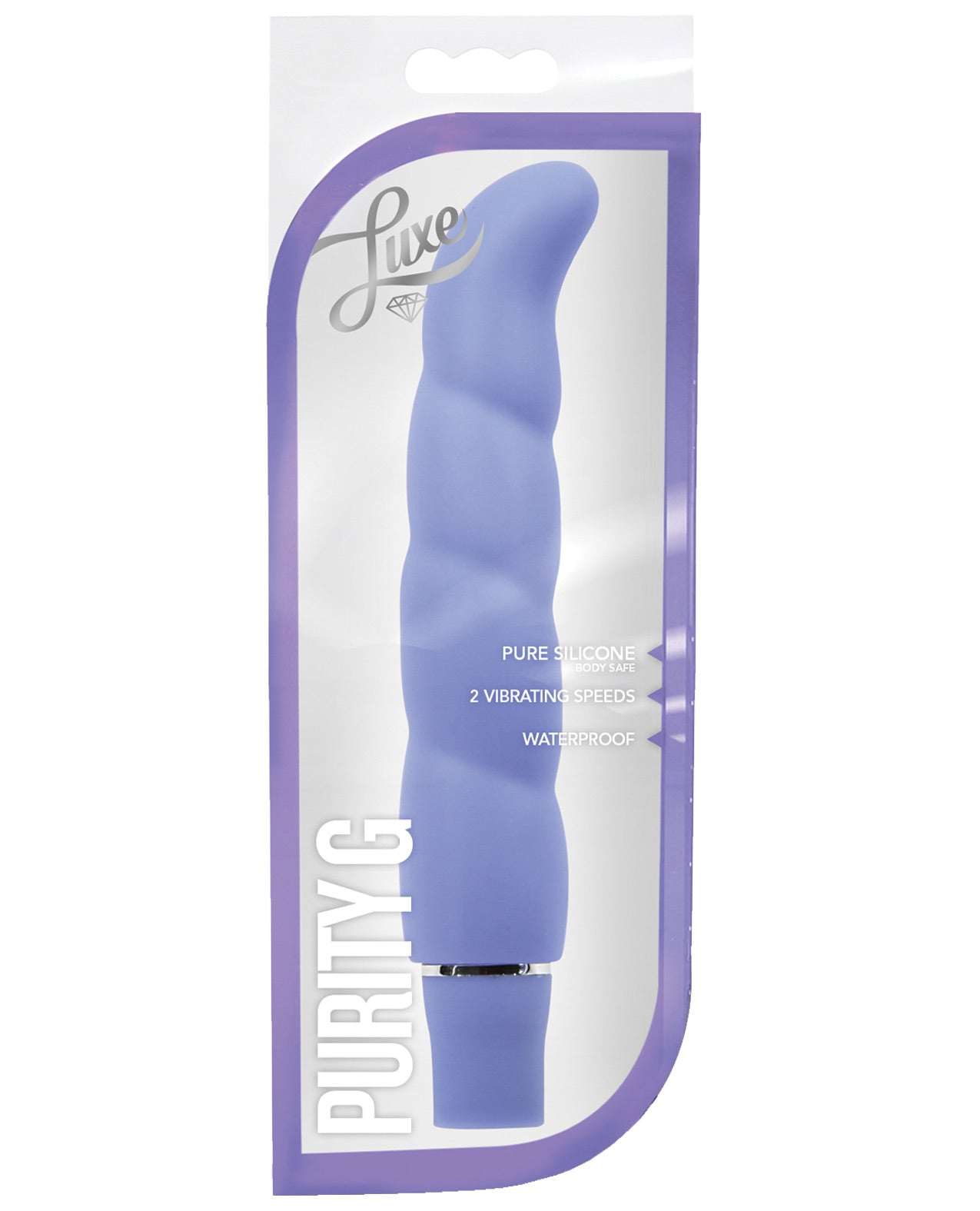 Blush Luxe Purity G silicone vibrator in periwinkle with ergonomic curve, 2 vibrating speeds, waterproof design, and smooth satin finish.