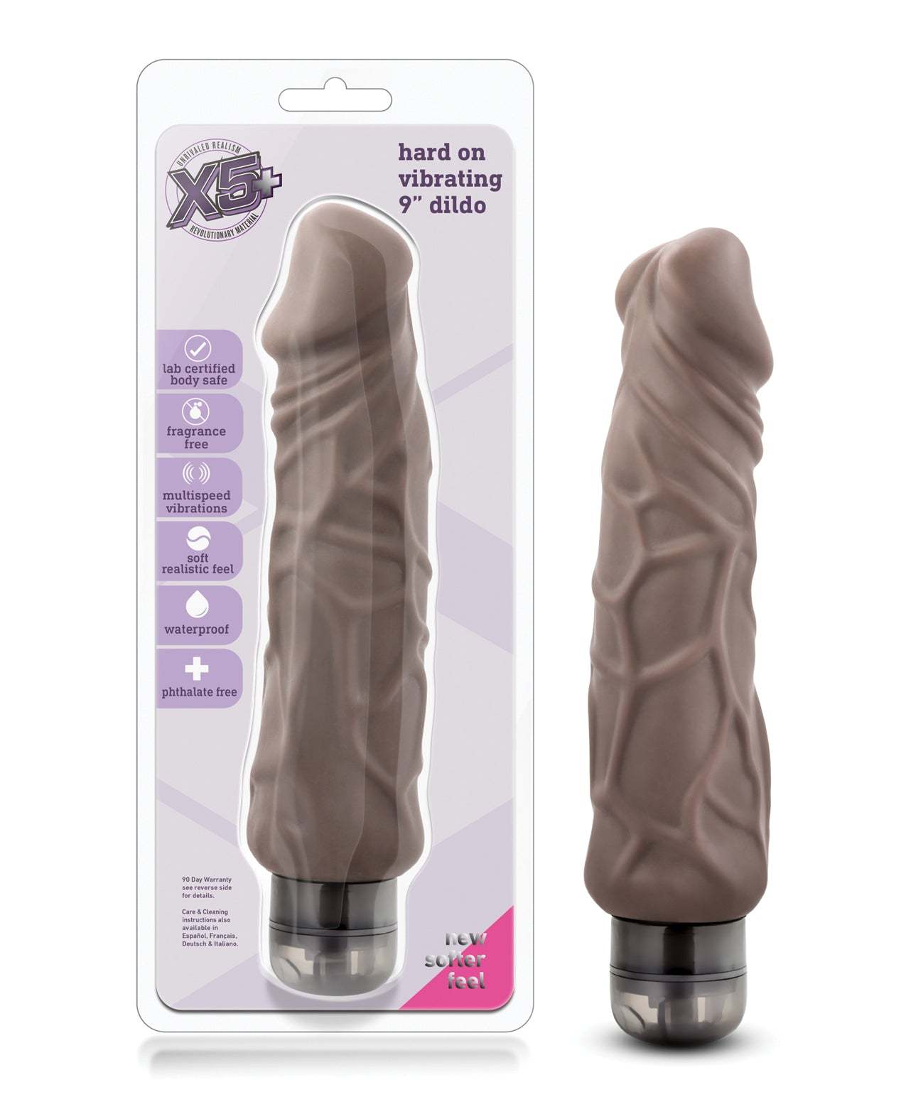 Blush X5 Plus 9-inch brown vibrating dildo with realistic texture and multi-speed settings, waterproof and phthalate-free.